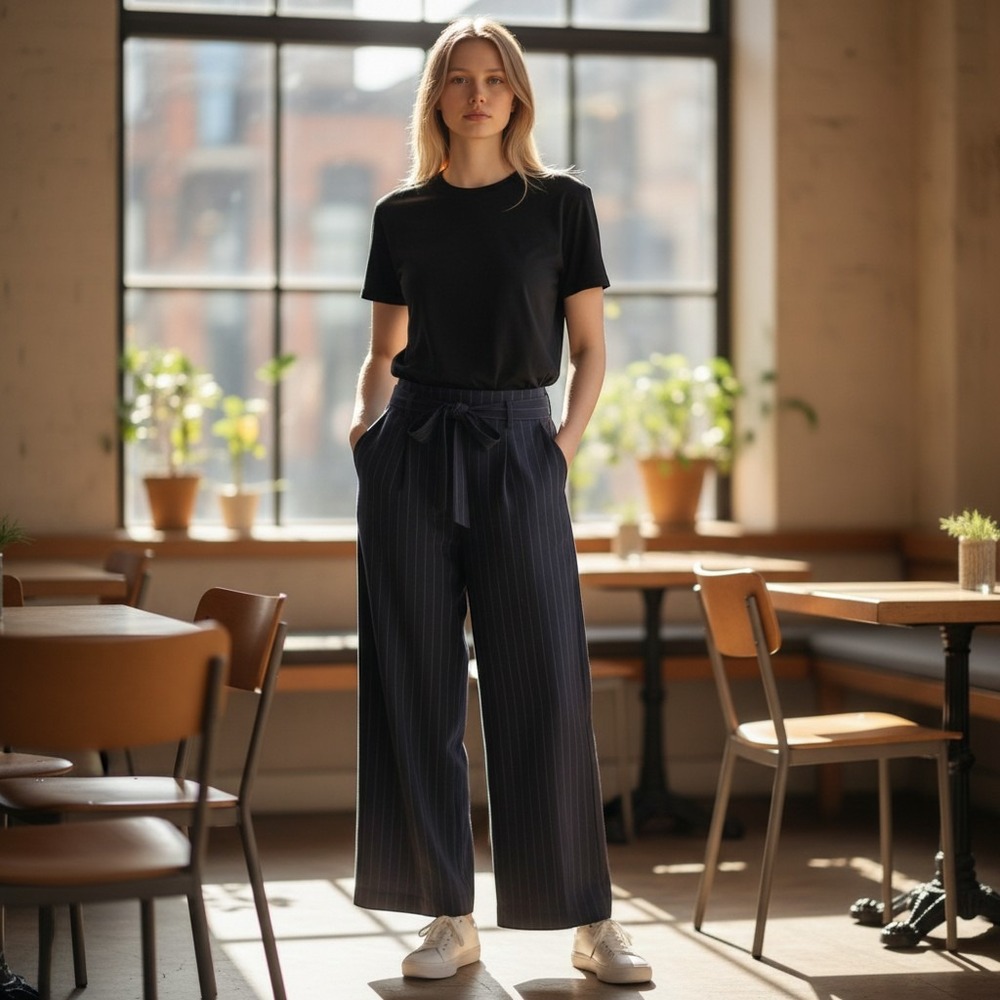 Zara Navy Blue Pinstripe Wide Leg Trousers High Waist Tie Belt Pants Small NWT